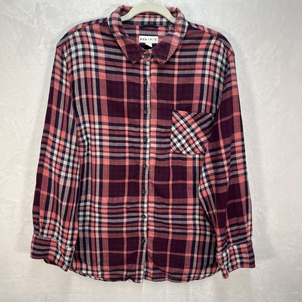 Ava & Viv Long Sleeve Button Down Top Womens Plus 3X Plaid Cotton Fall Cabin
